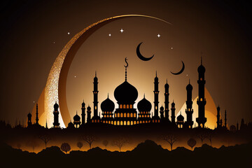 Wall Mural - Ramadan background with mosque silhouette and moon. Generative AI illustration