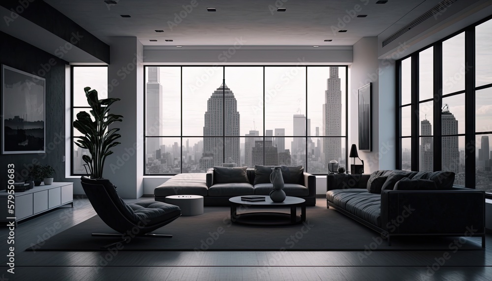 A minimalist living room with a neutral color palette and sleek ...