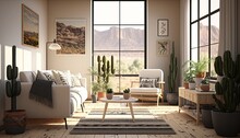 A Cozy Sotho Living Room With Light Wooden Floors, A White Sofa, A Beige Armchair, And A Black And White Rug. The Room Is Filled With Natural Light And Has Plants On The Windowsill. Generative Ai