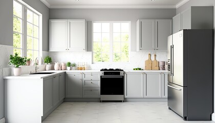 A minimalist kitchen with modern appliances and white marble countertops. The cabinets are sleek and simple, painted in a light shade of grey. The overall atmosphere is clean, bright. generative ai
