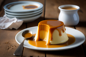 Homemade creamy condensed milk pudding topped with caramel sauce on white plate over rustic wooden table. AI generated