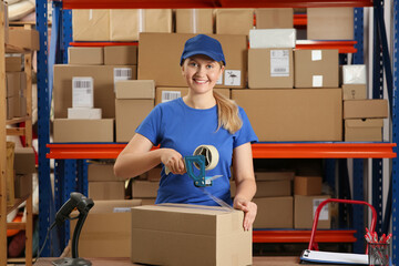 Canvas Print - Post office worker packing parcel near rack indoors