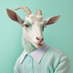 Sticker - Fashion goat in shirt. Mint green monochrome portrait. Generative AI