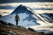 © CREATIVE STOCK - A person in Walking in the landscape with snow and clouds over the mountain Road. Generative Ai