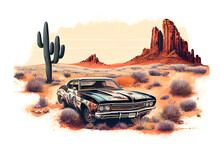 Illustration Of The Classic Muscle Car In The Desert, AI-generated Image.	