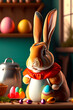 Bunny dressed as a chef making easter eggs