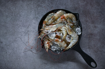 Sticker - Raw shrimps prawns on ice in bowl, Fresh shrimp seafood , white shrimp