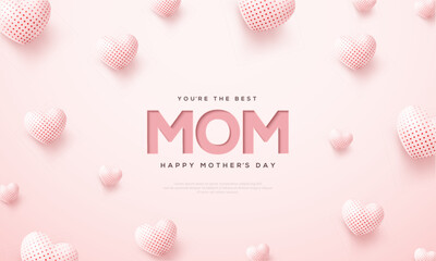 Happy mother's day vector design with inscription mom and balloons love white on pink background. Premium design for greeting, poster, banner and social media post.