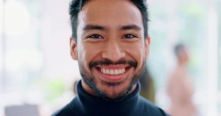 Poster - Businessman, face smile or coworking office and financial goals with company investment ideas or insurance innovation. Zoom, happy portrait or asian finance worker and success mindset in Singapore