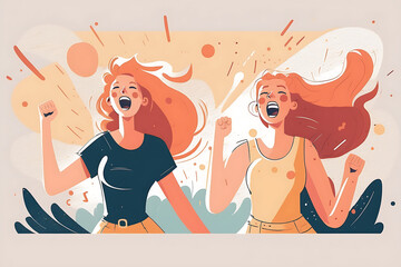 Flat vector illustration A PNG studio shot of two young women cheering.  