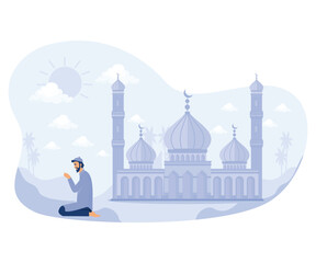 Wall Mural - Muslim man doing prayer outdoor with a beautiful mosque behind, Ramadan kareem,  flat vector modern illustration