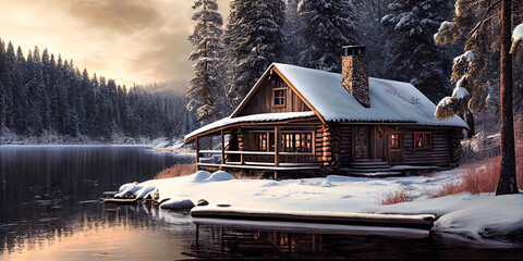 Wall Mural - Wooden cabin by the lake in the forest - idyllic setting during the afternoon bathing in the sun's daylight. Nature without people by generative AI