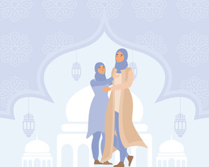 Wall Mural - two woman hugging on eid al fitr, activities on Eid al-Fitr, flat vector modern illustration