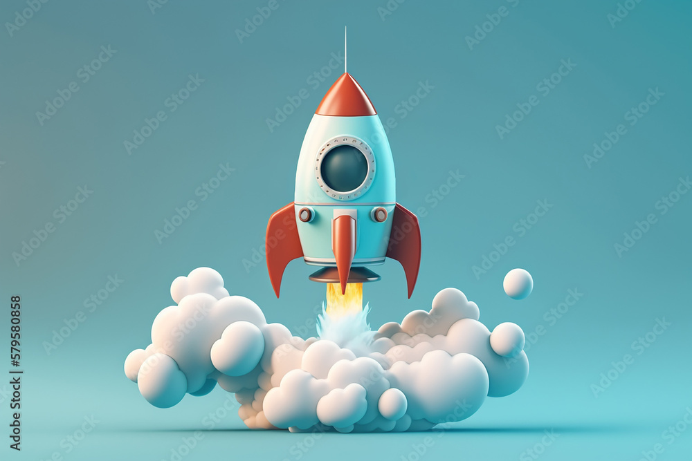 Cartoon rocket launching on light blue background with sphere cloud ...