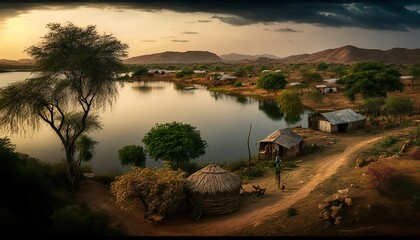 Wall Mural - An inviting view of a serene Andhra Pradesh village with a beautiful lake in the foreground captured with a high  Generative AI