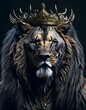 realistic lion with long hair and a gold crown