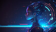 A cyborg girl in a high-tech suit against a complex blurry sci-fi background. Created with generative AI.