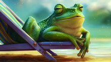 Happy Summer, Frog Relaxing On The Beach With Generative AI Technology