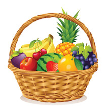 Wicker Basket With Fruits Vector Illustration
