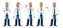 Bearded White Man In A White Coat Stands In Different Poses. The Male Chief Physician Is A Full-length Set Of Characters. The Doctor Stands With His Arms Crossed