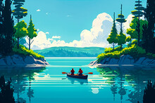 A Couple Kayaking On A Calm Lake Surrounded By Lush Forest And A Clear Blue Sky - Illustration - Generative AI