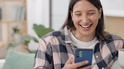 Sticker - Funny, woman on couch and smartphone for typing, smile and connection in living room. Happy female, lady and cellphone for social media, coffee and cheerful in lounge, carefree or laughing with humor