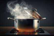 Steam Rises From A Large Pot On A Modern Induction Stove, The Steam Escaping Through The Raised Lid. AI Generative