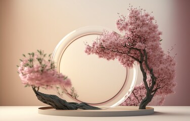 Wall Mural - Cherry blossoms and round podium on a brown background. Cherry blossoms in spring. generative ai