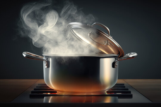 Steam rises from a large pot on a modern induction stove, the steam escaping through the raised lid. AI generative