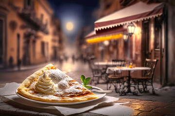 plate of delicate and thin crepes, served with a generous portion of ice cream and chocolate. the pl
