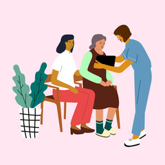 Elderly Care and Nursing Home Concept. Nurses speaking and teaching  senior woman. Help for seniors with disabilities.  Vector illustration isolated on  background.