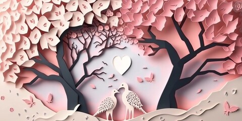 Illustration to celebrate Cherry Blossom Day. Sakura in Japan. Designed as papercut. Generative AI technology.