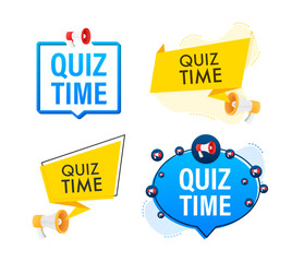 Poster - Megaphone label set with text Quiz time. Megaphone in hand promotion banner. Marketing and advertising