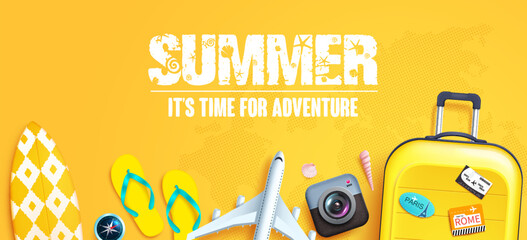 Wall Mural - summer vector background. summer time adventure text in yellow empty space and holiday travel elemen