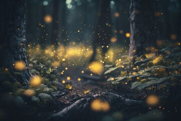 ncoded, hyper-realistic forest with floating fireflies and sparkling particles in an epic composition created using Unreal Engine 5 Ultra-wide angle, depth of field, and insane intricately-detailed be