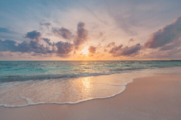 Aufkleber - Closeup sea sand beach. Beautiful beach landscape. Inspire tropical beach seascape horizon. Dreamy sunset sky calm tranquil relax sunset summer mood. Positive energy, meditation summer tropical island