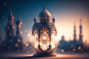 A digital painting of a mosque with lights Islamic background