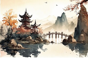 Chinese ink landscape painting created digitally Japan traditional  ink illustration background