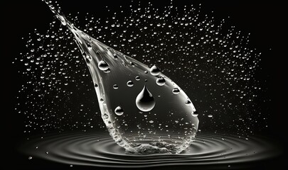  a drop of water falling into a black and white photo with a splash of water on the water and bubbles on the surface of the water.  generative ai