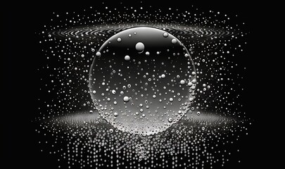 Wall Mural -  a black and white photo of a sphere with bubbles in the air and a black background with a black background and a white circle with white dots.  generative ai