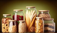  A Group Of Jars Filled With Different Types Of Cereal And Cereal Grains On A Wooden Table With A Green Backround Behind Them And A Green Background.  Generative Ai