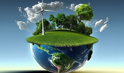 a green earth with trees and wind mills on it's top and a blue sky with clouds above it and a green 
