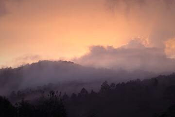 Wall Mural - mist covered mountain at sunrise