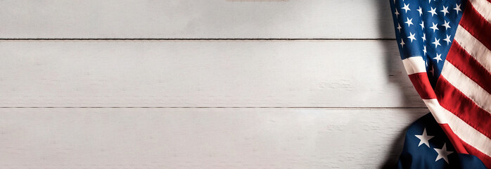 Concept made from vintage american flag on white wooden background for Memorial Day, 4th of July, Labour Day