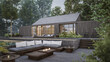 © Aris Suwanmalee - Architecture 3d rendering of wooden house with a pool and a deck with a fire pit and a huge couch