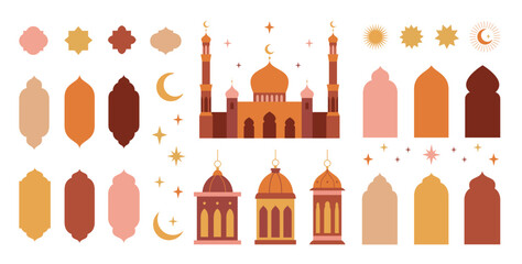 collection of elements, symbols and icons in the oriental style of ramadan kareem and eid mubarak. i