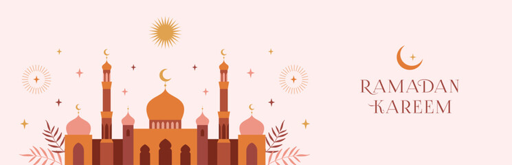 Wall Mural - Ramadan Kareem banner, card, poster design. Modern geometric minimalist design with mosque, crescent, stars in the sky, arches windows. Vector illustration.