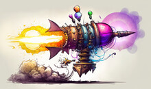  A Drawing Of A Rocket Ship With A Bunch Of Balloons Flying Out Of The Back Of It's Engine And A Bunch Of Balloons Flying Out Of The Back.  Generative Ai