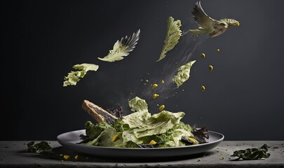  a plate of lettuce with two birds flying over it and a plate of lettuce on the table with a plate of lettuce on it.  generative ai