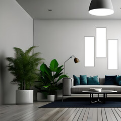 Wall Mural - Living room interior mockup, furniture and decorative trendy flower and plants, white sofa and armchair, natural elements and minimalism 3d render . AI Generative